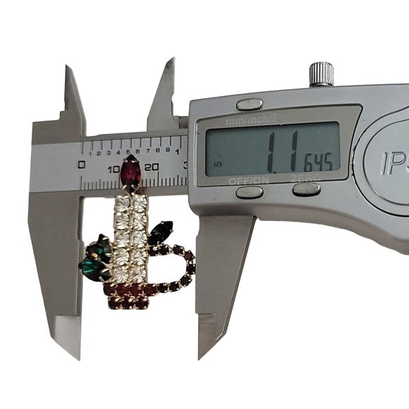 Gold Tone Red Clear Green Rhinestone Christmas Candle Brooch Pin K677 - Picture 6 of 8